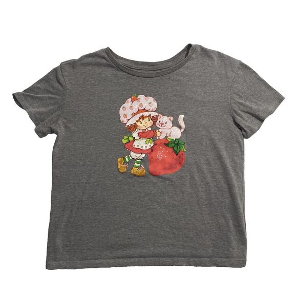 Strawberry Shortcake Kawaii Cat Graphic Shirt Gray Cartoon Tee Size Large Jrs - Picture 1 of 6